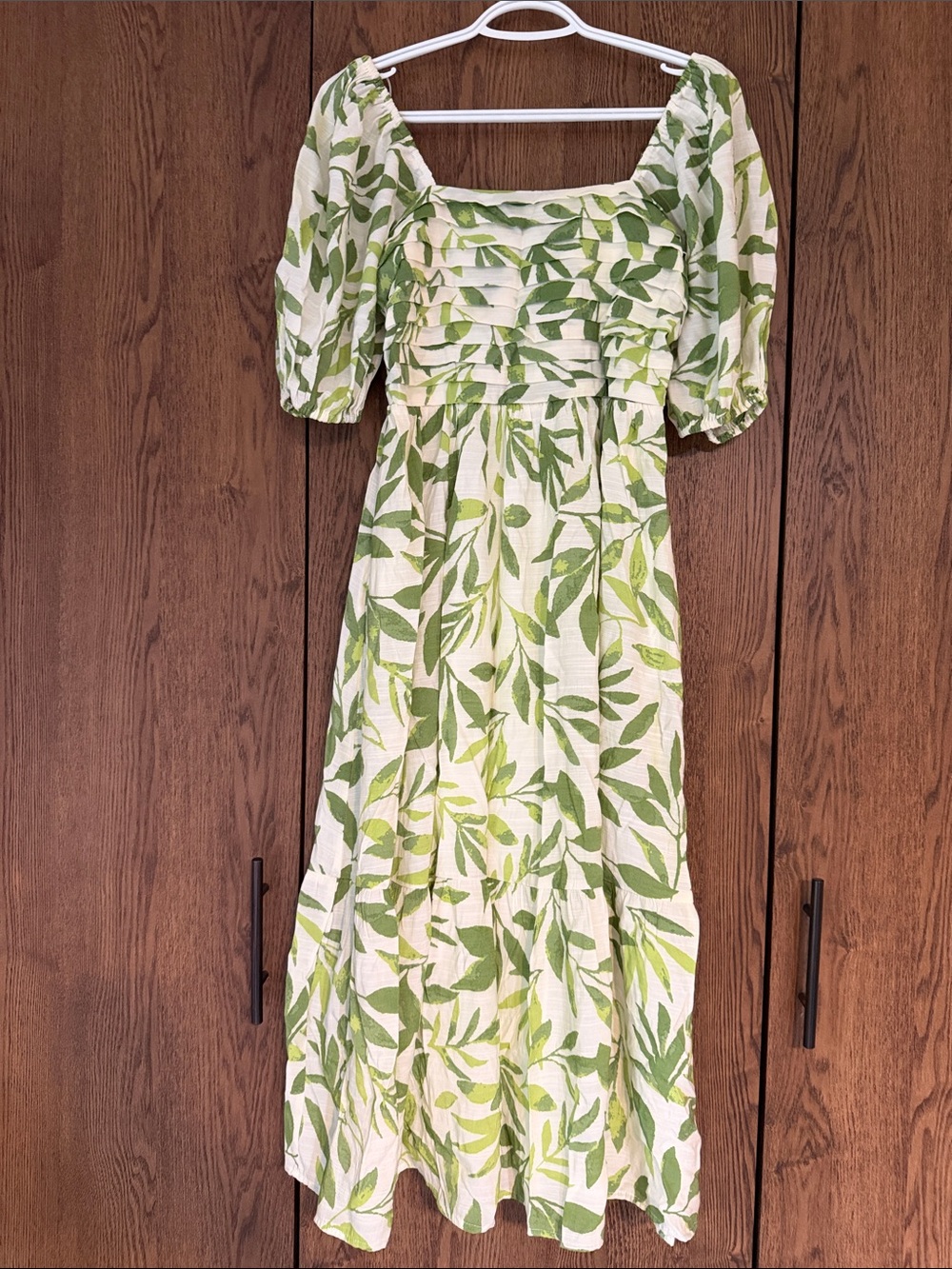 LC Lauren Conrad Cream Midi Dress with Green Leaf Print